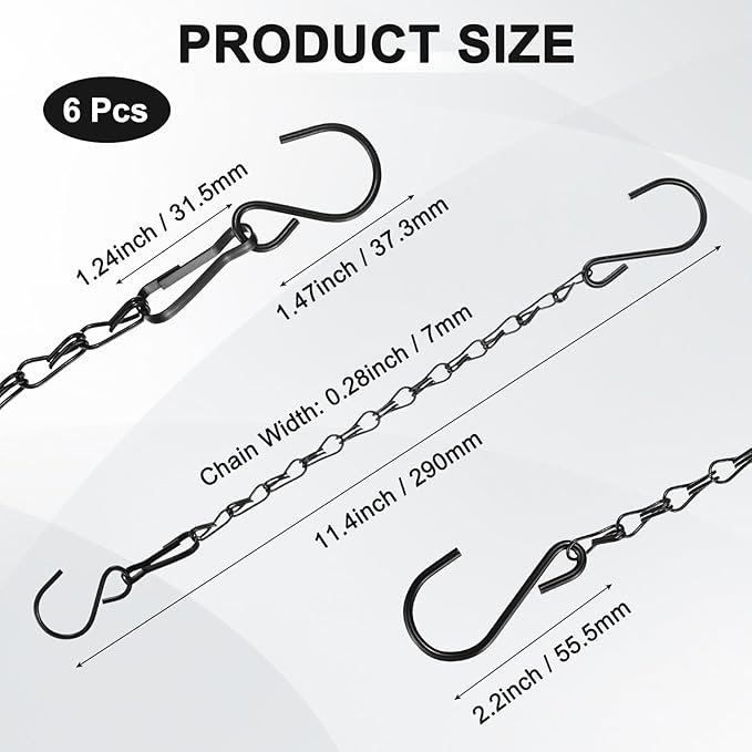 6-Pack Chain for Hanging Plants, 29cm(11 Inch) Adjustable Hanging Chain with Hooks for Bird Feeder/Planter/Lantern/Wind Chime, Iron Basket Extender Hanger [Black]