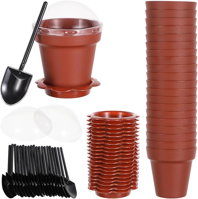 Garneck 20pcs Mini Flower Pot Dessert Cups with Lids Shovel Spoons and Bottom Tray Plastic Small Cake Cup for Construction Birthday Baby Shower Summer Ice Cream Yogurt Mousse Pudding