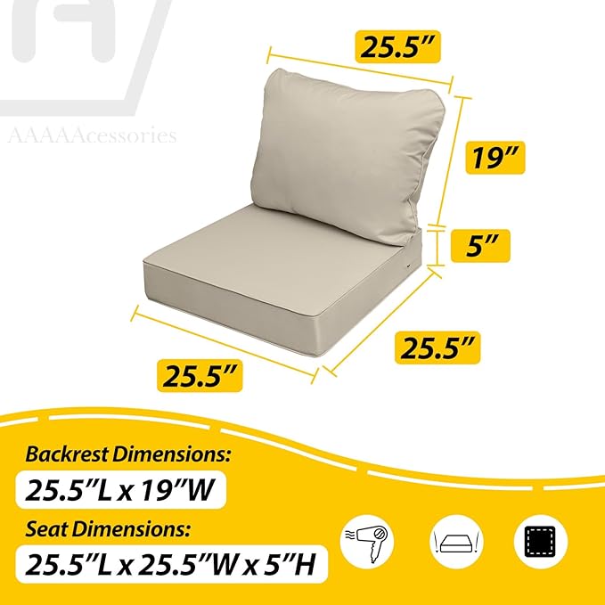 AAAAAcessories Outdoor Seat Cushions for Chairs, Fade-Resistant, Waterproof Patio Furniture Replacement Cushions, 25.5" x 25.5" x 5" + 25.5" x 19", Set of 4, Beige
