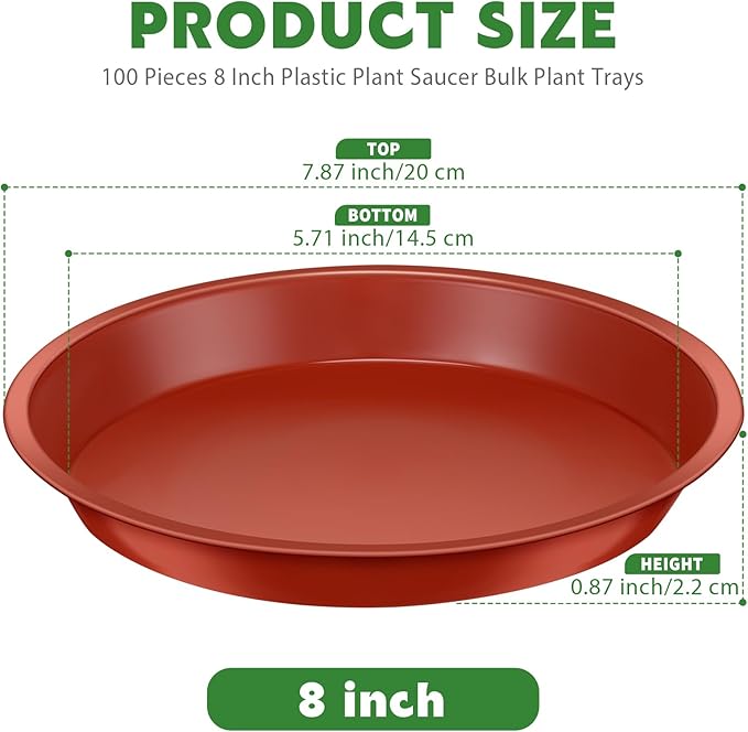 Domensi 100 Pcs Plastic Plant Saucer Bulk Plant Trays for Pots Sturdy Red Drip Trays for Flower Pots Drainage Tray for Indoor and Outdoor Water Drip (8 Inches)