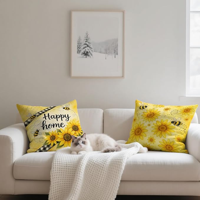 Sunflower Pillow Covers 18x18 inch Set of 4, Yellow Bee Honeycomb Love Home Throw Pillows Cover Sofa Couch Pillow Cases for Farmhouse Indoor Home Decor Decorations