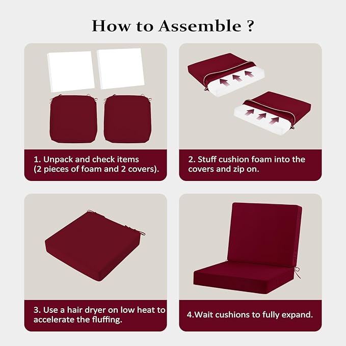 Cozyide 22x22 Outdoor Cushions for Patio Furniture, Waterproof Outdoor Chair Cushions with Non-Slip Ties and Handle, Washable Deep Seat Cushions for Outdoor Furniture with Removable Cover, Burgundy