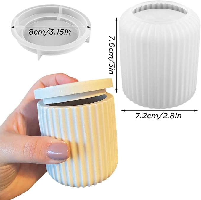 Storage Box With Lids, Silicone Candle Jar Molds Set, Creative Vessels Pot Molds, Concrete Round Stripe With Cover Bottle Making Moulds for Holder (B)