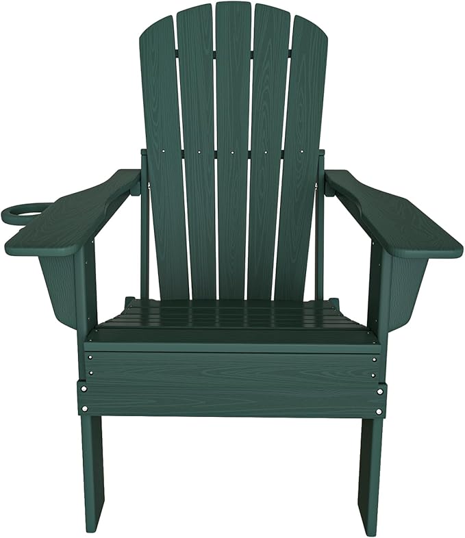 Plawdlik Folding Adirondack Chair, SGS Tested, Wooden Textured with Cup Holder, Heavy All-Weather HDPE Comfortable Set Poolside Backyard Lawn Green