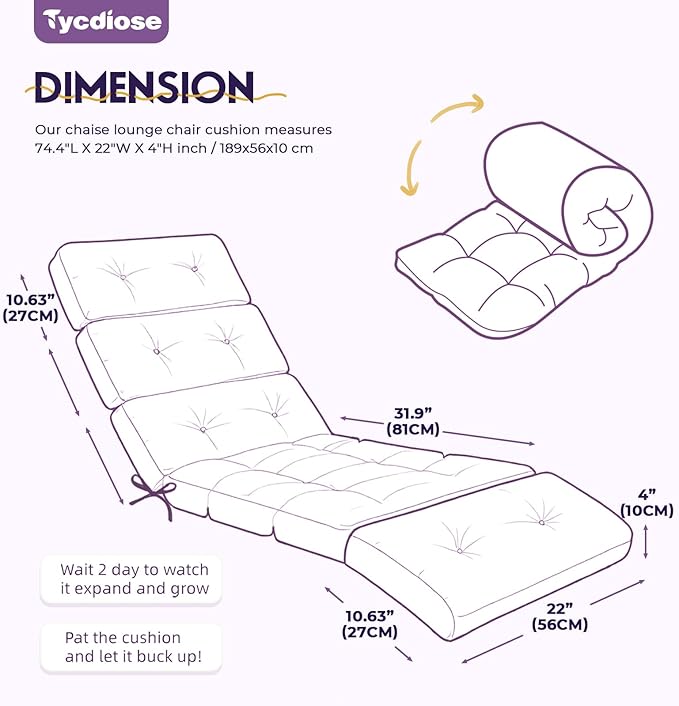 All Weather Chaise Lounge Cushions Outdoor Lounge Chair Cushion, Waterproof Memory Foam Chaise Chair Cushion for Outdoor Patio Furniture with Non-Slip Back and Ties, Purple Floral Leaf