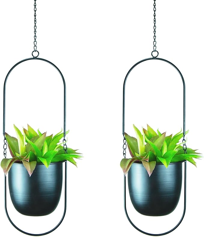 Metal Oval Hanging Planter, Set of 2 Black Geometric Plant Hangers with 6 inch Flower Pots in Oval Shape, Modern Wall and Ceiling Plant Holders for Indoor Outdoor Plants Home Décor