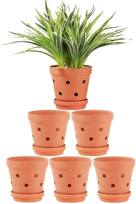 Yishang 6 Inch Clay Orchid Pots With Drainage Holes & Saucers - 6 Pack Large Terracotta Planters for Repotting, Indoor & Outdoor Plant Flowers, Promotes Air Circulation