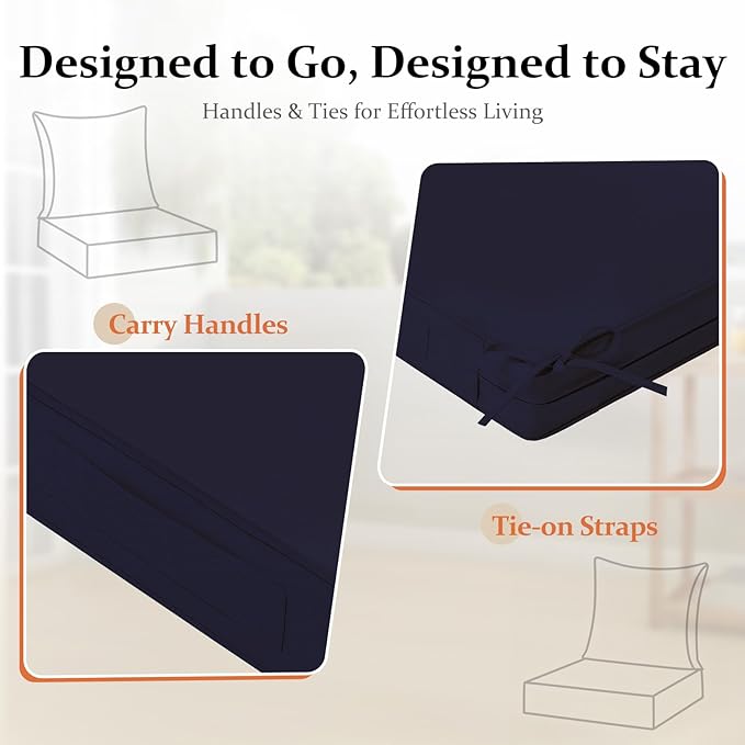 downluxe 19x19 Outdoor Chair Cushions, Waterproof Fade Resistant Patio Furniture Cushions with Handle & Removable Cover, Deep Seat Outdoor Cushions for Sofa, Couch and Patio Chairs, Navy