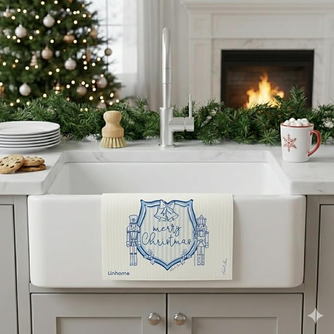 Christmas Holiday Swedish Dishcloth, Reusable Paper Towel, Super Absorbent Cellulose Sponge, Washable Kitchen Cleaning Cloth (Merry Nutcracker Duo - 1 Pack)