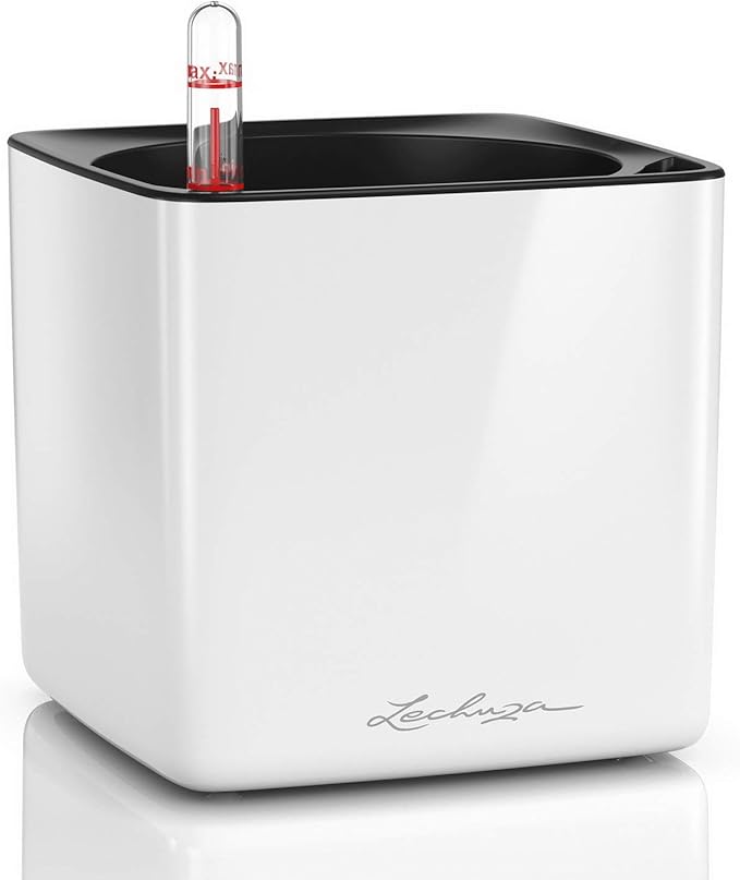 Lechuza Cube Glossy 14 Cream White High Gloss, Self-Watering Indoor Small Plant Pot, H5.5 L5.5 W5.5 in