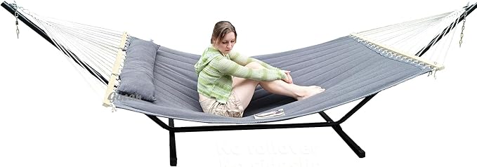 Quilted Fabric Double Hammock won't flip with stand and Spreader Bars,Safer and Sturdier,Quality Hammocks for outdoor indoor patio yard Two sided dual use Deep Grey