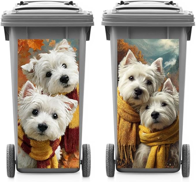 2PC Trash Can Sticker 14.57 x 32.28 Inch White Dog Design Autumn Scarf Theme Decorative Garbage Bin Cover Outdoor Trash Can Decal Art for Home Yard Garden Seasonal Decoration