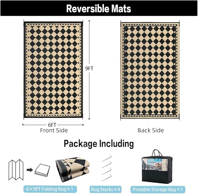 HUGEAR Outdoor Rug for Patios Clearance,Waterproof Mat,Large Outside Carpet,Reversible Plastic Straw Camping Rugs,Rv,Porch,Deck,Camper,Balcony,Backyard (6x9,Checkered/Black&Beige)