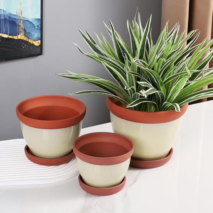 Yishang Glazed Terracotta Pots with Saucers, Set of 3, 5", 6", and 7" Sizes, Ceramic Clay Planter Pots with Drainage Holes - Yellow