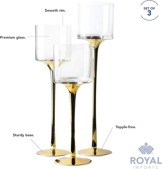 Royal Imports Glass Candleholder Flower Vase, Floating & Pillar Candle Centerpiece Display, Decorative Hurricane on Pedestal for Home or Wedding Set of 3, Gold