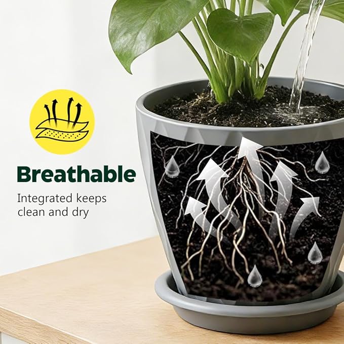 Plant Pots, Self Watering Planters with Drainage Holes and Trays, Flower Pots for Indoor Outdoor - 6 Pack(4/5/6/6.5/7/8 Inch) (Gray)