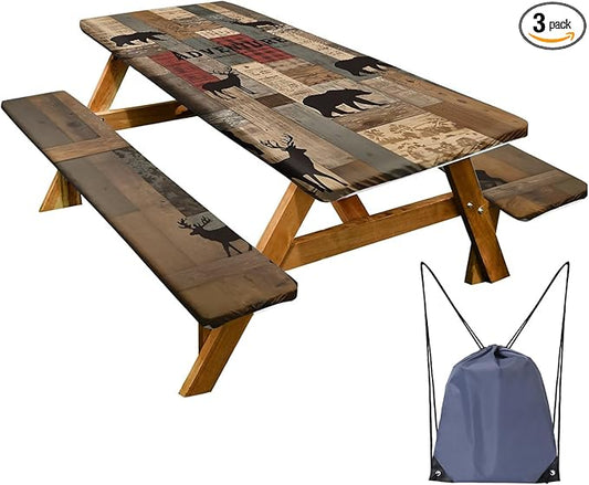 Picnic Table Cover with Bench Covers Set of 3 - Adventure Theme Rustic Bear Deer Wildlife Pattern, Elastic Fitted Tablecloth for 6 Ft Tables, Washable Polyester Cover for Camping, Indoor & Outdoor