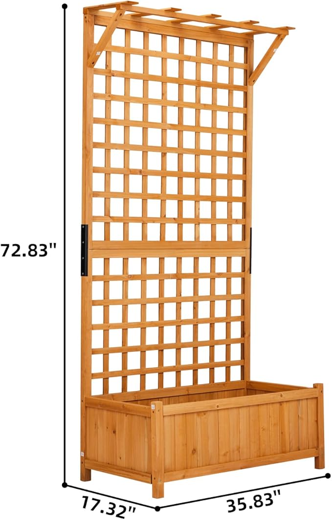Outvita 72" H Outdoor Raised Garden Bed with Trellis & Roof, Wood Planter Box Equipped with Drainage for Vine Climbing Plants and Flowers Herbs in Balcony, Garden, Patio(Orange)