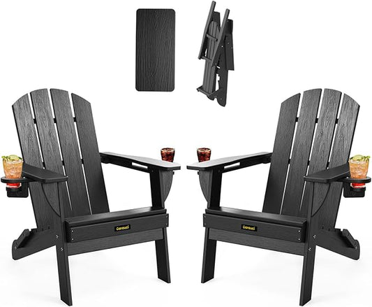 Folding Adirondack Chair Set of 2, Wooden Textured Plastic Adirondack Chairs with 2 Cup Holder, Weather Resistant HDPE Fire Pit Chair, Outdoor Patio Chairs for Garden, Backyard, Lawn, Deck, Black