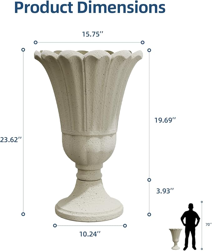 Tall Plastic Urn Planters for Outdoor Plants Set of 2-23.6" H Classic Petal Design Indoor Large Flower Pots with Drainage Holes, Outdoor Planters for Porch Decor/Garden Vase, Beige/Off White