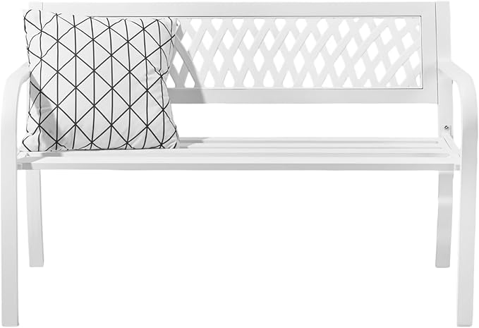VINGLI 47'' Outdoor Bench, Weather Resistant Garden Patio Bench Powder Coated Iron Frame w/PVC Mesh Backrest Slatted Seat, 2-Person Outdoor Furniture for Front Porch Entryway Park (White)