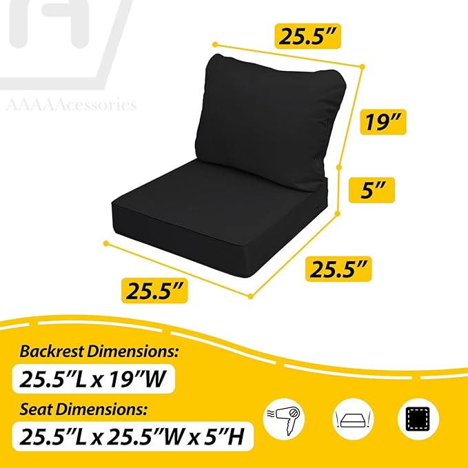 AAAAAcessories Outdoor Deep Seat Cushions, Waterproof, Fade-Resistant Patio Furniture Replacement Cushions, 25.5" x 25.5" x 5" + 25.5" x 19", Set of 2, Black