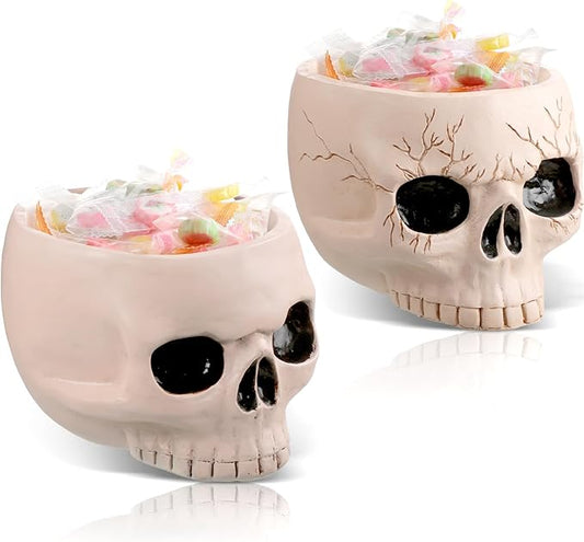 Sliner 2 Pcs Halloween Skeleton Skull Bowl and Cup - Figurine Candy Dish, Candle Holder, Planter Pot for Party Home Bar Decor
