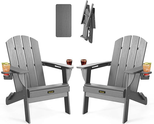 Folding Adirondack Chair Set of 2, Wooden Textured Plastic Adirondack Chairs with 2 Cup Holder, Weather Resistant HDPE Fire Pit Chair, Outdoor Patio Chairs for Garden, Backyard, Lawn, Deck, Grey