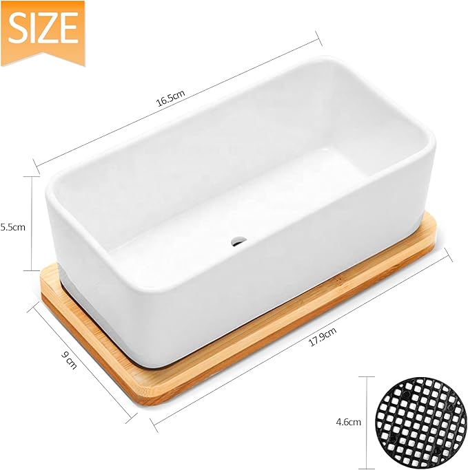 White Ceramic Succulent Planters, Indoor and Outdoor Succulent Planters, Set of 2 Small Cactus Containers, Bonsai Pots, Flower Pots with Drainage Hole and Bamboo Bowl (No Plant)