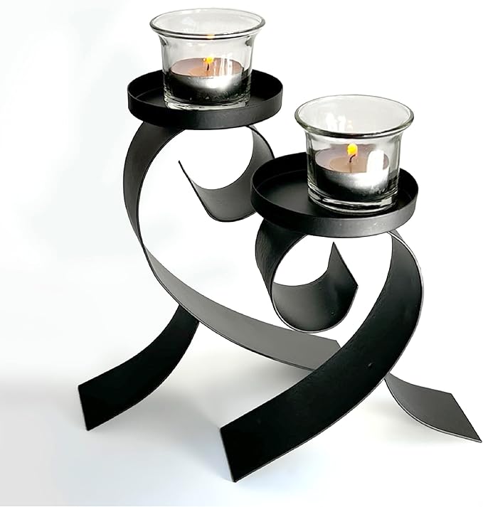 Lily’s Home Contemporary Scrollwork Pillar Candle Holders, Steel, Black Iron Candle Stands, Set of Two. Candles NOT Included