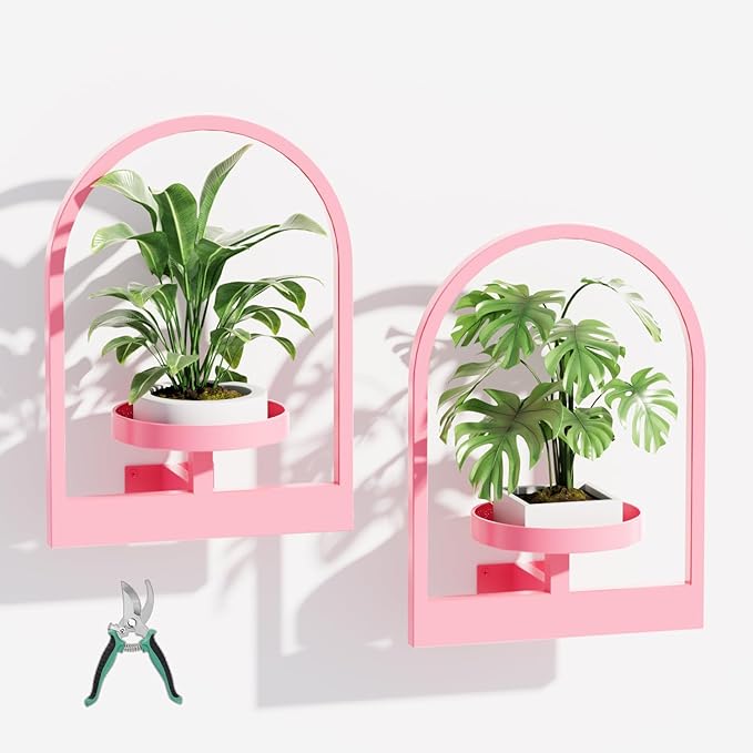 Wall Plant Shelf, Hanging Frame Decor Planter for Indoor Plants, Wall Plant Holder for Living Room/Entryway/Garden Flower Pot Holder Free Garden Shears (Arc-Pink, 2Pcs)