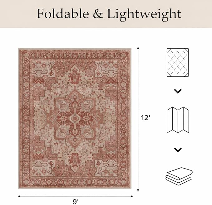 GENIMO Outdoor & Indoor Area Rug 9'x12', Waterproof, Non-Shedding, Easy Cleaning, Boho Mat for Patio, Living Room, Balcony, Dining Room, RV, Deck, Bedroom, Camping, Outside Carpet,Brown Red