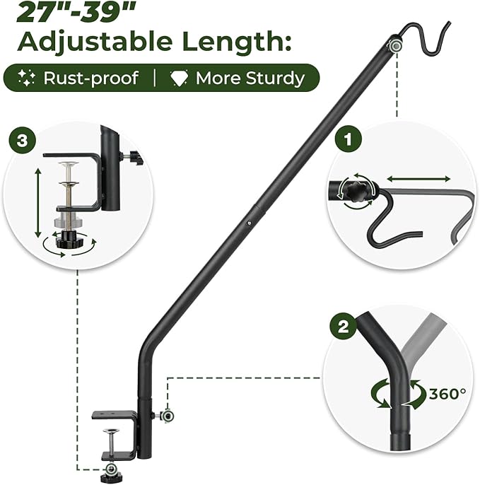 Kingsyard Heavy Duty Deck Hook, 27"-39" Adjustable Metal Deck Railing Hooks for Hanging Bird Feeders, Planters, Suet Baskets, Lanterns, Wind Chimes, Clamp Mounted