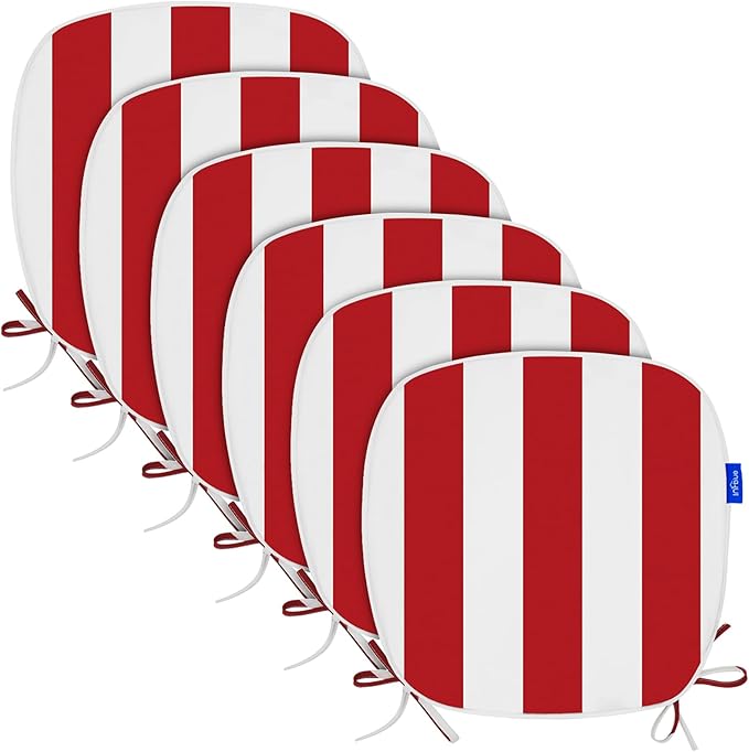 SleepMan Outdoor 17"x16" Chair Cushions with Ties Set of 6, Water Resistant All Weather U-Shape Seat Pads for Patio Garden Furniture Indoor Fade Resistant Patio Cushions (Red Stripe)