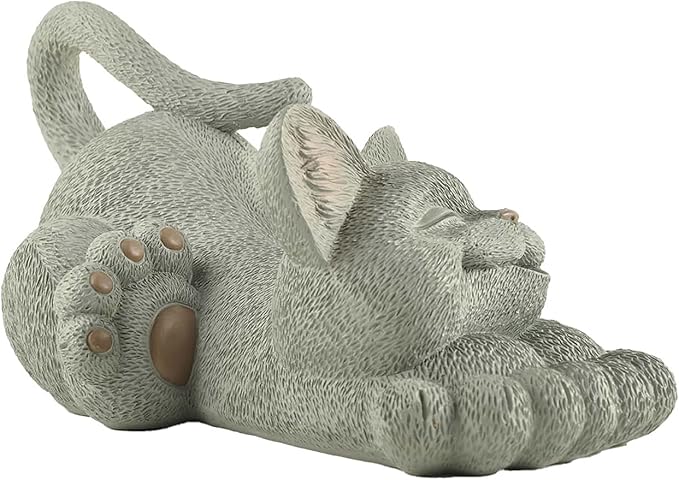 JFSM INC. 12" Whimsical Lounging Grey Cat Garden Statue - Indoor Outdoor Relaxed Zen Cat Sculpture - Garden Decorations for Patio Yard Lawn Porch