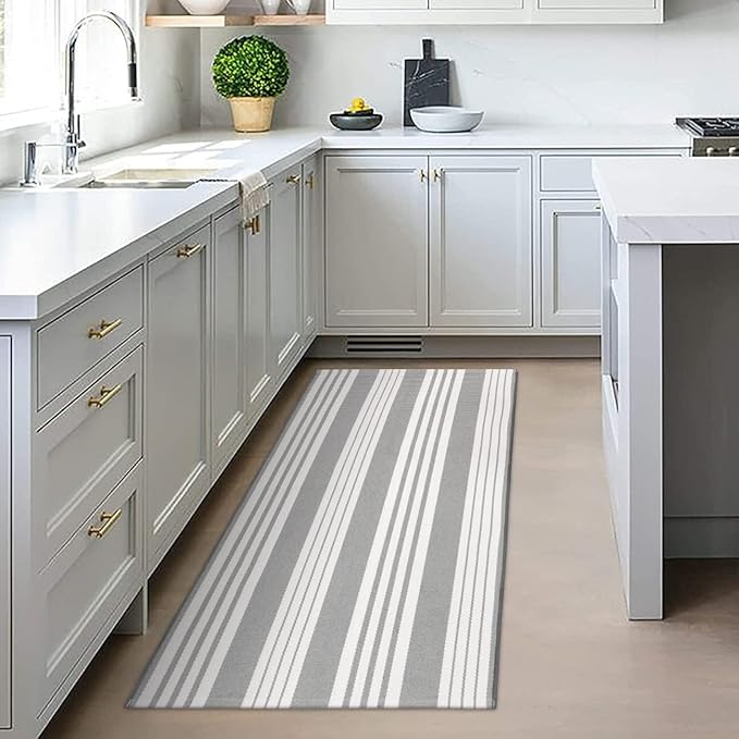 OJIA Front Door Rug 24''x51'' Gray and White Striped Outdoor Rug Machine Washable Porch Rug Front Door Mat Outdoor Indoor Area Rugs Cotton Woven Entry Mat for Home Entrance/Farmhouse Decor