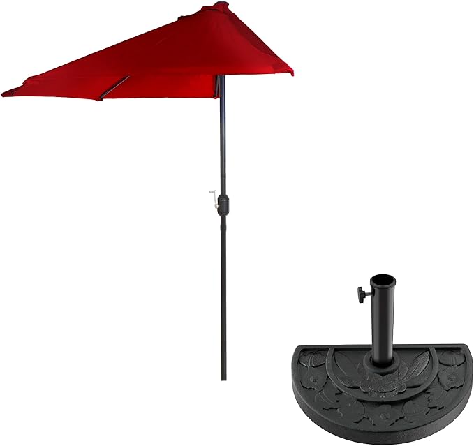 9-Ft Half Patio Umbrella Easy Crank Semicircle Balcony Shade with 20lb Weighted Base for Deck, Porch, or Against a Wall by Pure Garden (Red)