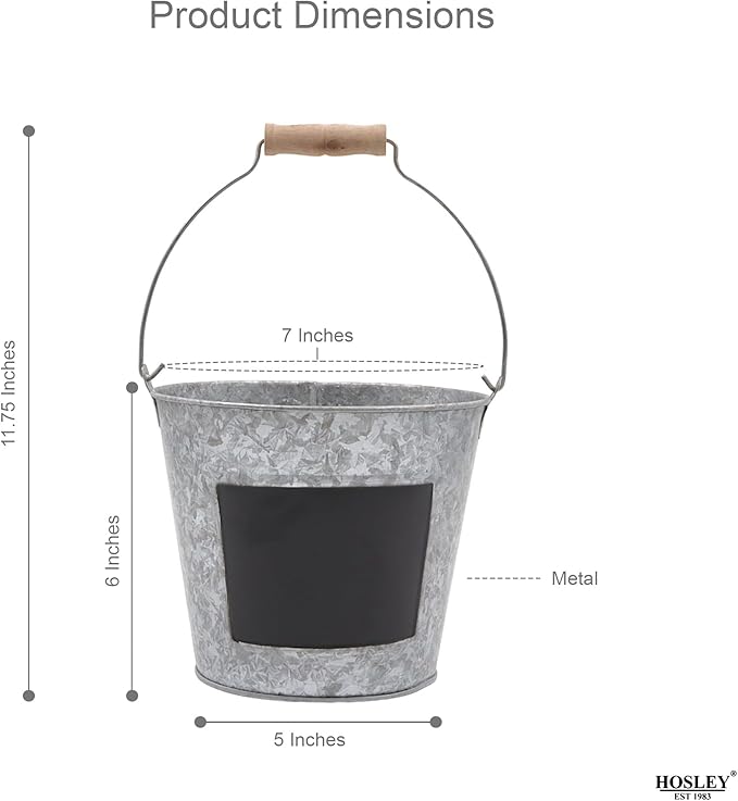 Hosley Set of 2 Metal Pail with Chalkboard and Plastic Liner 7" Dia x 6" H. Ideal Gift for Floral Arrangements Wedding House Warming Floral Planter DIY Craft Home Office Party Garden Patio