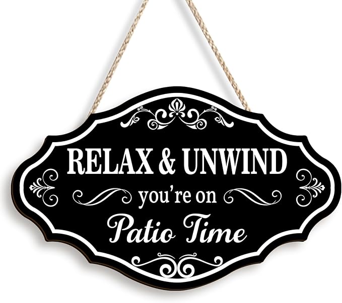 Pigort Patio Wall Decor Hanging Wall Art Wooden Plaque Signs Vintage Balcony Decor Retro Patio Accessories Relax Unwind You're on Patio Time with Chain for Home Pub 11.4""x7"", Black
