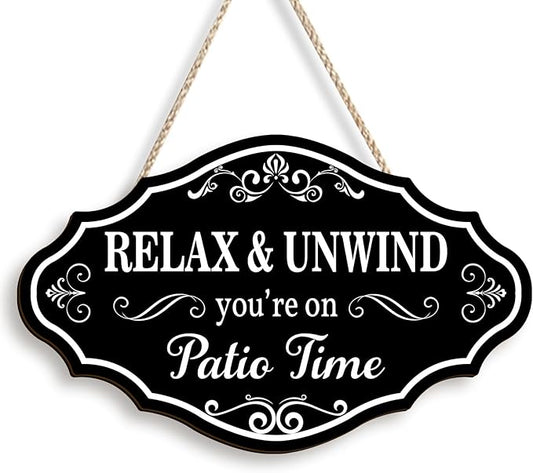 Pigort Patio Wall Decor Hanging Wall Art Wooden Plaque Signs Vintage Balcony Decor Retro Patio Accessories Relax Unwind You're on Patio Time with Chain for Home Pub 11.4""x7"", Black