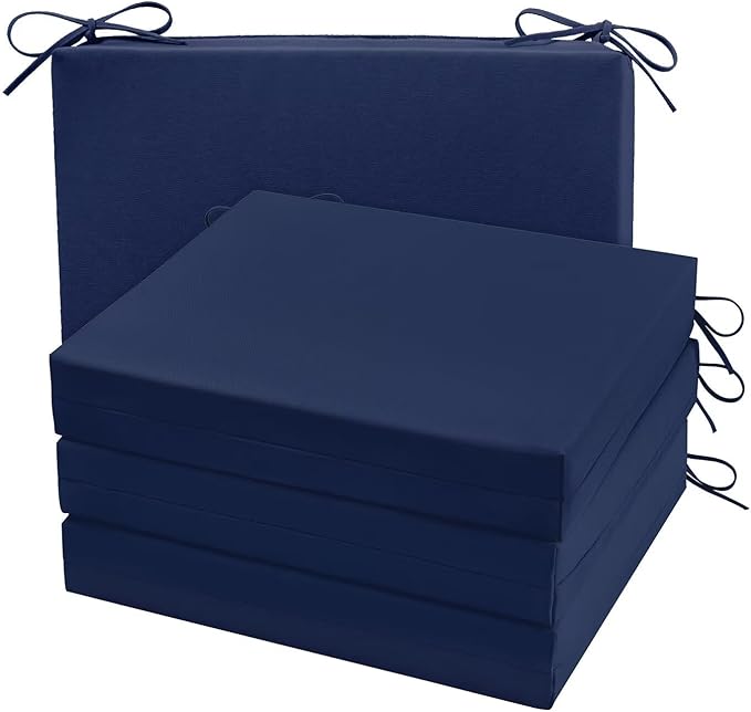 Cozyide Outdoor Chair Cushions, Waterproof Patio Seat Cushions with Adjustable Straps, Square Corner Patio Chair Cushions for Garden, Navy, 18.5x16x3 Inch (Pack of 4)