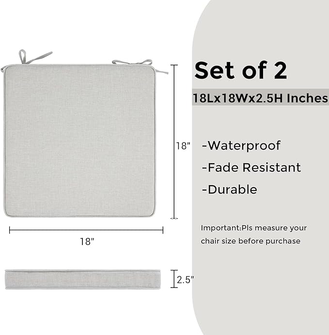 FUNHOME Outdoor Chair Cushions 18x18 Inch,Set of 2,Water Resistant Chair Pads with Ties,Square Seat Cushion 18"x18"x2.5",Patio Chair Cushion for Garden,Backyard Furniture(Cloud Gray)