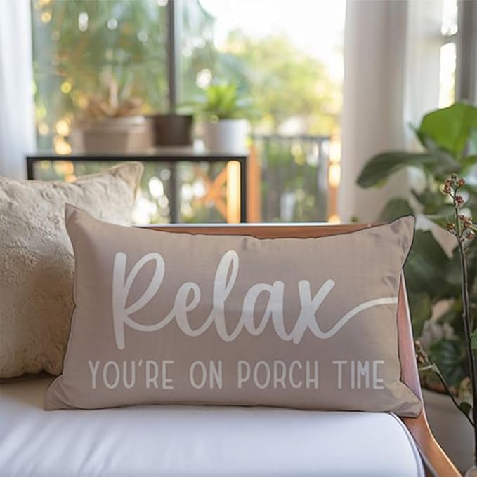 PANDICORN Decorative Throw Pillow Covers 12x20 Inch Relax Porch Time Beige Outdoor Rustic Farmhouse Lumbar Pillow Decorative Throw Pillows Cases Cushion Covers Decorations for Porch Couch Sofa Decor