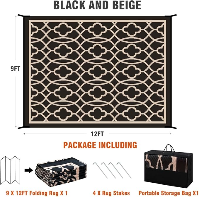 Pendolr Reversible Mats - Outdoor Rugs 9'x12' for Patios Clearance, Plastic Straw Rugs Waterproof, Portable, Outdoor RV Camping Rug, Garden, Balcony, Picnic, Beach, Camping(Black & Beige)