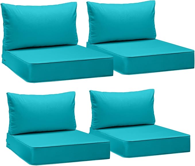 AAAAAcessories Outdoor Deep Seat Cushions, Waterproof, Fade-Resistant Patio Furniture Replacement Cushions, 24" x 24" x 5" + 24" x 13.5", Set of 4, Turquoise Blue