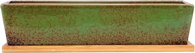 ARTKETTY Succulent Pots - Large Succulent Planter Pots with Drainage, 12 Inch Long Rectangle Bonsai Pot with Bamboo Tray Shallow Ceramic Cactus Flower Planter Window Box for Home Garden Decor (Green)