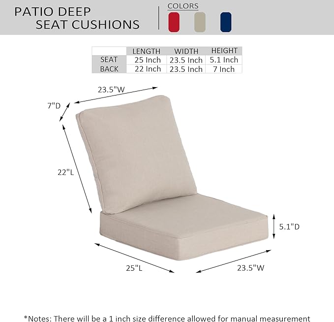 23.5"x25" Outdoor Deep Seat Patio Cushions Set of 2, Deep Seat Bottom Resilient Foam Filling Water-Resistant Stain-Resistant UV Resistant Weather Resistant with YKK Zippers,Putty