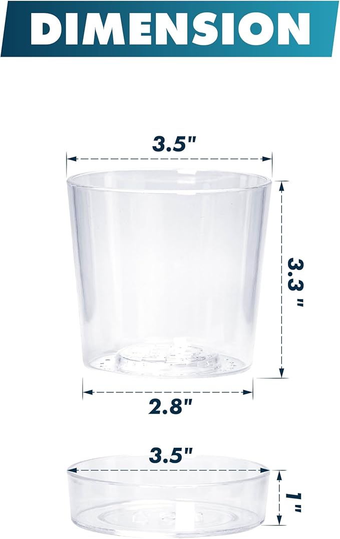 Phoenix Vine 3.5 Inch Clear Acrylic Planter Pot with Tray, Orchid Pot with Drainage Holes, Deep Saucer for Bottom Watering, Transparent Containers for Indoor Plants, Herbs, Set of 6, 91-A-D-6