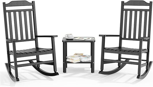 3 Piece Outdoor Rocking Bistro Set, Rocking Chairs Outdoor Furniture, Resin Waterproof Sun-Proof Patio Furniture Set for Garden, Pool, Backyard（3, Black）