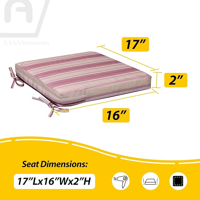 AAAAAcessories Outdoor Seat Cushions for Chairs, Waterproof, Fade-Resistant, 17" x 16" x 2", Patio Furniture Replacement Cushions, Set of 2, Dusty Rose Garden Stripe